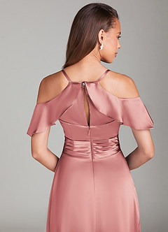 Azazie Dakota Slutförsäljning Klänning av A-Line i Metallisk satin Av axeln Auburn image10