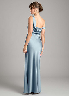 Azazie Madelyn Robes de demoiselle d'honneur Robe Sirène Convertible en Satin extensible Une épaule Bleu Poussiéreux image9