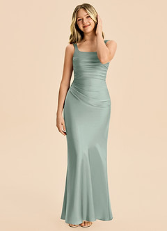 Azazie Agustina Junior Agave Sheath Pleated Stretch Satin Dress image3