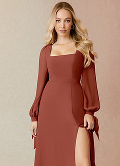 Azazie Leonia Bridesmaid Dresses Auburn A-Line Long Sleeve Chiffon Dress image5