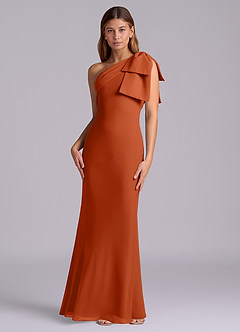Azazie Yuanna Robes de demoiselle d'honneur Robe Sirène en Mousseline de soie Une épaule Orange Brûlée image4