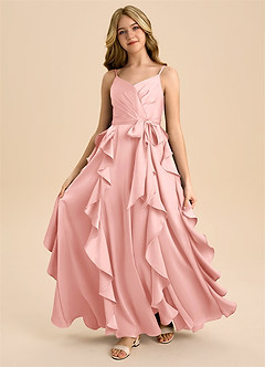 Azazie Peyton Junior Powder Pink A-Line Pleated Stretch Satin Dress image5