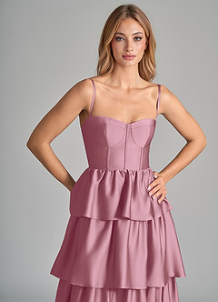 Azazie Faye Vestidos de madrinha de casamento Vestido Vintage Malva de Cetim elástico de Linha A com Ruched image2