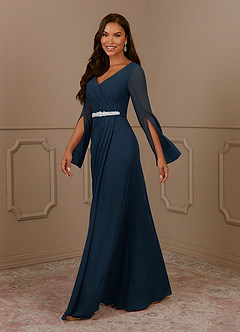 Azazie Belinda Mother of the Bride Dresses Dark Navy A-Line V-Neck Pleated Chiffon Dress image3