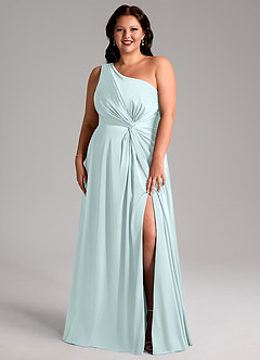 Azazie Brooke Bridesmaid Dresses Sea Glass A-Line One Shoulder Stretch Satin Dress image8