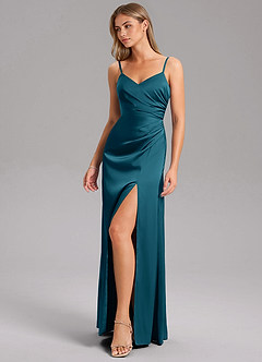 Azazie Azuree Bridesmaid Dresses Ink Blue A-Line Pleated Stretch Satin Dress image5