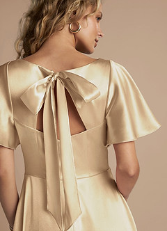 Azazie Kimber Bridesmaid Dresses Champagne A-Line Ruched Metallic Satin Dress image2