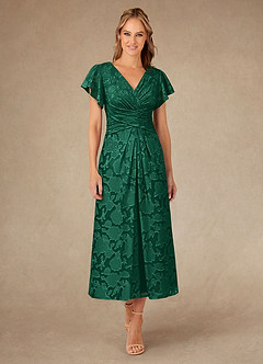 Azazie Vera Mother of the Bride Dresses Emerald A-Line Pleated Floral Burnout Dress image1
