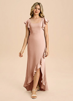 Azazie Demi Junior Vestido de Oro Rosa de Satén Elástico de Corte Sirena con Lazo image3