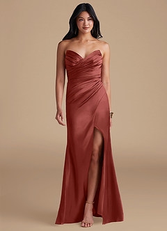 Azazie Yola Bridesmaid Dresses Terracotta Sheath Pleated Metallic Satin Dress image1