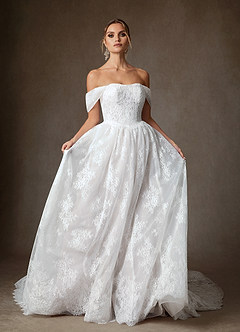 Azazie Justice Wedding Dresses Diamond White Ball-Gown Off the Shoulder Lace Dress image6