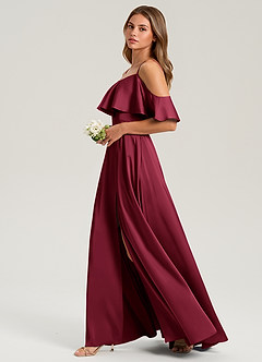 Azazie Jean Bridesmaid Dresses Burgundy A-Line Off the Shoulder Stretch Satin Dress image5