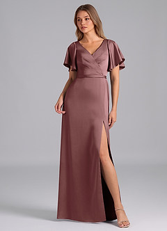 Azazie Ambrosia Bridesmaid Dresses Vintage Mauve A-Line Pleated Stretch Satin Dress image1