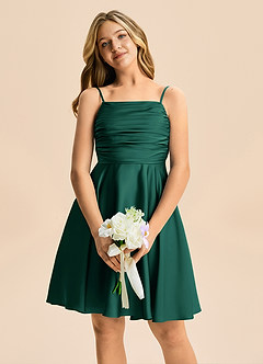 Azazie Miko Junior A라인 주름진 스트레치 새틴 미니 주니어 신부 들러리 드레스 image6