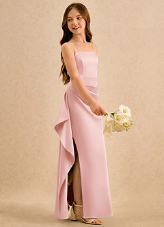 Azazie Cannoli Girls Formal Robe Demoiselle D'honneur Fillette Robe Trapèze en Satin extensible Plissée Rose Poudré image4