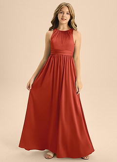 Azazie Jaylah Junior Rust A-Line Pleated Stretch Satin Dress image4