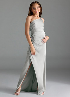 Azazie Eren Junior Silver Sheath Pleated Stretch Satin Dress image3