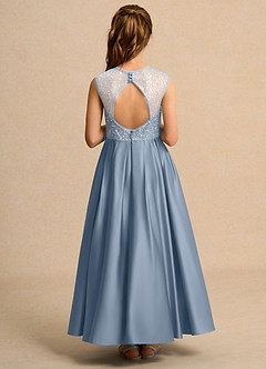 Azazie Candy Girl Jurken voor bloemenmeisjes Baljurk Jurk van Mat Satijn Boog Stoffig Blauw image3