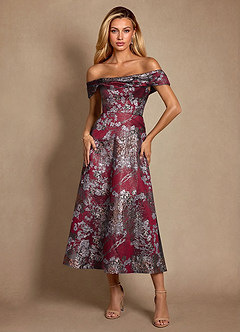 Azazie Maricela Mère de la mariée Robes Robe Trapèze en Jacquard Épaule décolletée Merlot Floral image1