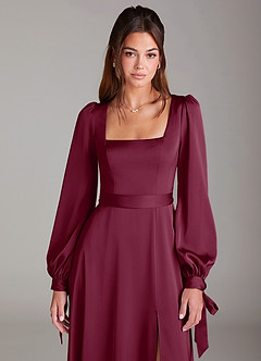 Azazie Leonia Bridesmaid Dresses Mulberry A-Line Long Sleeve Stretch Satin Dress image6