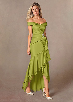 Azazie Billings Mother of the Bride Dresses Lemongrass Mermaid Off the Shoulder Stretch Satin Dress image5