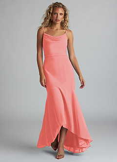 Azazie Summer Bridesmaid Dresses Coral Mermaid Scoop Cowl Chiffon Dress image4