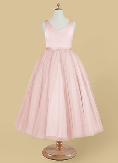 Azazie Marybell Flower Girl Dresses Blushing Pink A-Line Bow Tulle Dress image5