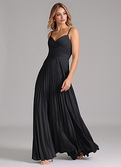 Azazie Vini Bridesmaid Dresses Black A-Line Pleated Stretch Satin Dress image5