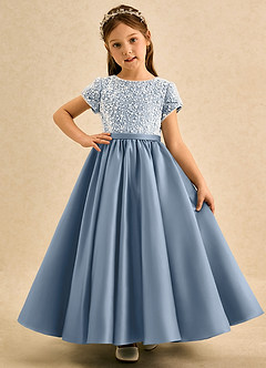 Azazie Cashew Blumenmädchenkleider Ballkleid mit ärmel Matte Satin Kleid Staubblau image2