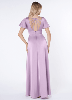 Azazie Lani Bridesmaid Dresses Frosted Lilac A-Line Flounce Sleeve Stretch Satin Dress image2