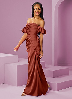 Barbie ♥ Azazie Robes de demoiselle d'honneur Robe Fourreau Convertible en Satin extensible Épaule décolletée Terracotta image4