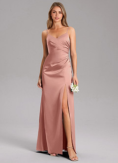 Azazie Azuree Robes de demoiselle d'honneur Robe Trapèze en Satin extensible Plissée Rosette image1