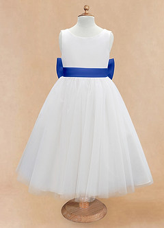 Azazie Kavi Flower Girl Dresses Ivory Royal Blue A-Line Bow Matte Satin Dress image7