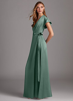 Azazie Nico Bridesmaid Dresses Eucalyptus A-Line V-Neck Stretch Satin Dress image2
