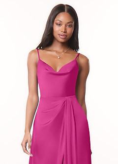 Azazie Brielle Bridesmaid Dresses Fuchsia A-Line Cowl Spaghetti Straps Stretch Satin Dress image4