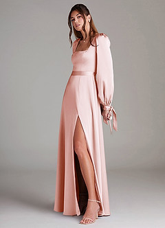 Azazie Leonia Bridesmaid Dresses Blushing Pink A-Line Long Sleeve Stretch Satin Dress image5
