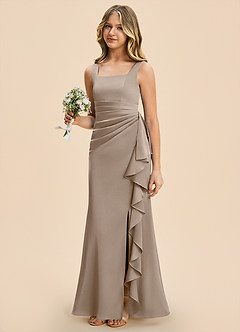 Azazie Adrienne Junior Taupe Sheath Pleated Stretch Satin Dress image1