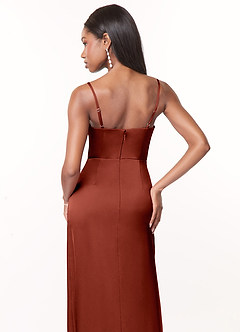 Azazie Maci Bridesmaid Dresses Terracotta A-Line V-Neck Pleated Stretch Satin Dress image4