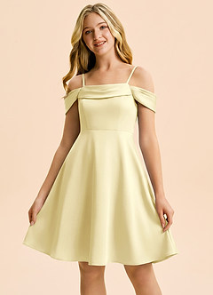 Azazie Anselie Junior Lemon Sorbet A-Line Off the Shoulder Stretch Satin Dress image5