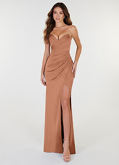 Azazie Yola Bridesmaid Dresses Bronzer Sheath V-Neck Pleated Stretch Satin Convertible Dress image1