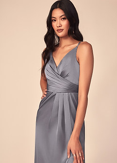 Azazie Aqua Bridesmaid Dresses Shadow A-Line V-Neck Pleated Stretch Satin Dress image6