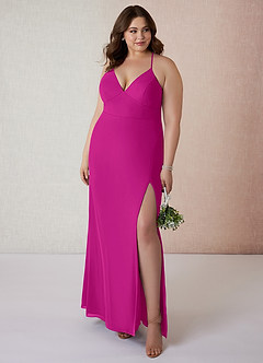 Azazie Becca Bridesmaid Dresses Fuchsia Sheath V-Neck Chiffon Dress image7