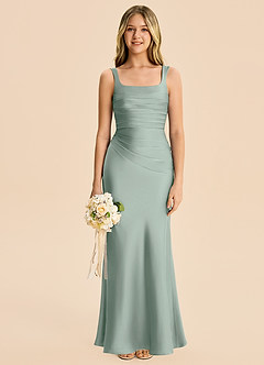 Azazie Agustina Junior Agave Sheath Pleated Stretch Satin Dress image6