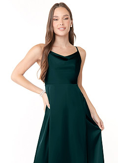 Azazie Naomie Bridesmaid Dresses Pine A-Line Cowl Neckline Side Slit Stretch Satin Dress image5