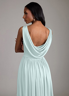 Azazie Novi At-home Try On Dresses Sky Blue A-Line with Pockets Stretch Satin Dress image4