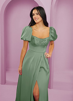 Barbie ♥ Azazie Bridesmaid Dresses Matcha A-Line Ruched Stretch Satin Dress image5