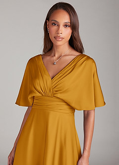 Azazie Pamela Bridesmaid Dresses Butterscotch A-Line Pleated Stretch Satin Dress image5