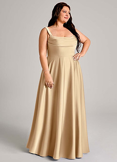 Azazie Shaude Bridesmaid Dresses Champagne A-Line Pleated Stretch Satin Dress image10