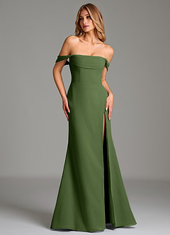 Azazie Riley Robes de demoiselle d'honneur Robe Fourreau Convertible en Mousseline de soie Épaule décolletée Olive image1