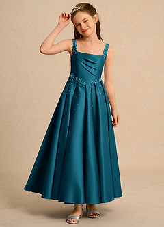 Azazie Mochi Girls Formal Robe Demoiselle D'honneur Fillette Robe Princesse en Mat Satiné Plissée Bleu Encre image6